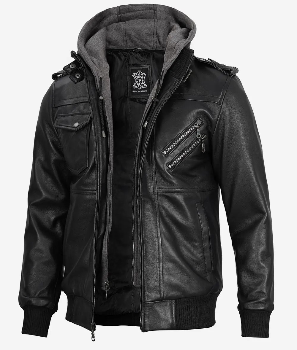 Men's Black Leather Jacket with Grey Removable Hood - Image 3