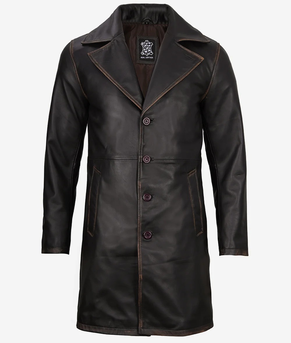 Mens Real Leather Distressed Brown Car Coat - Image 4