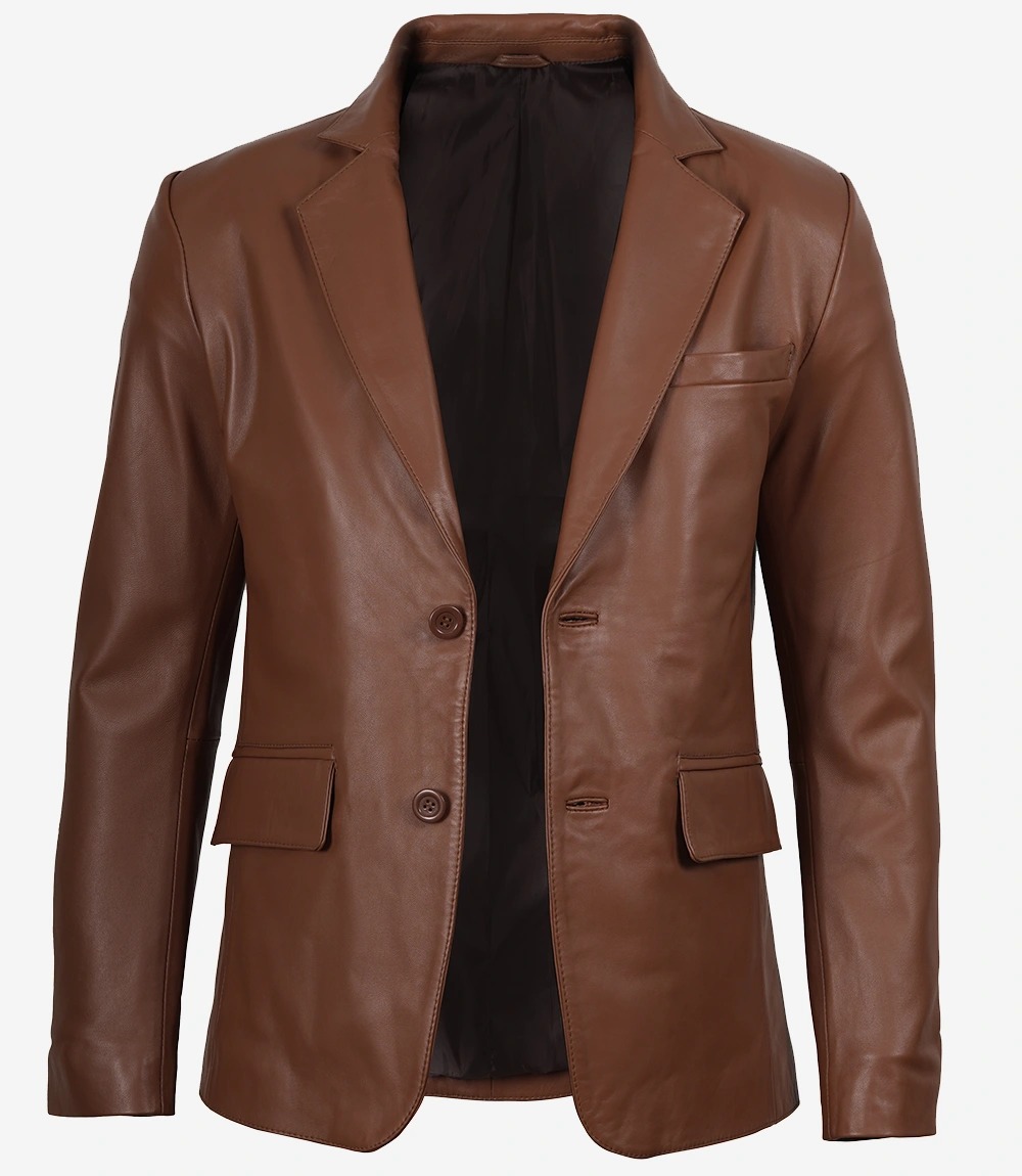 Men's Two Button Cognac Leather Blazer - Notch Lapel - Image 4
