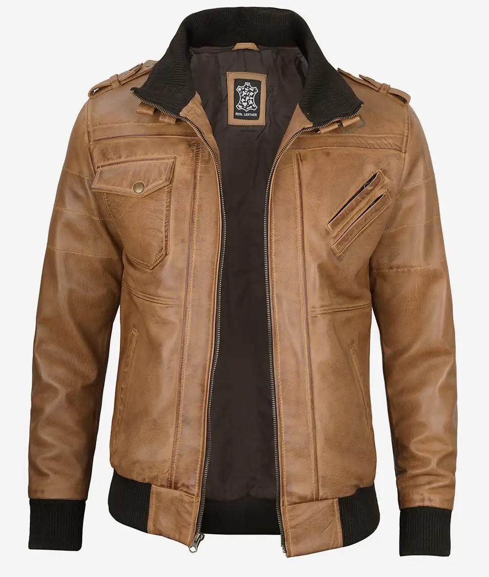 Men's Camel Brown Bomber Leather Jacket (Removable Hood) - Image 5