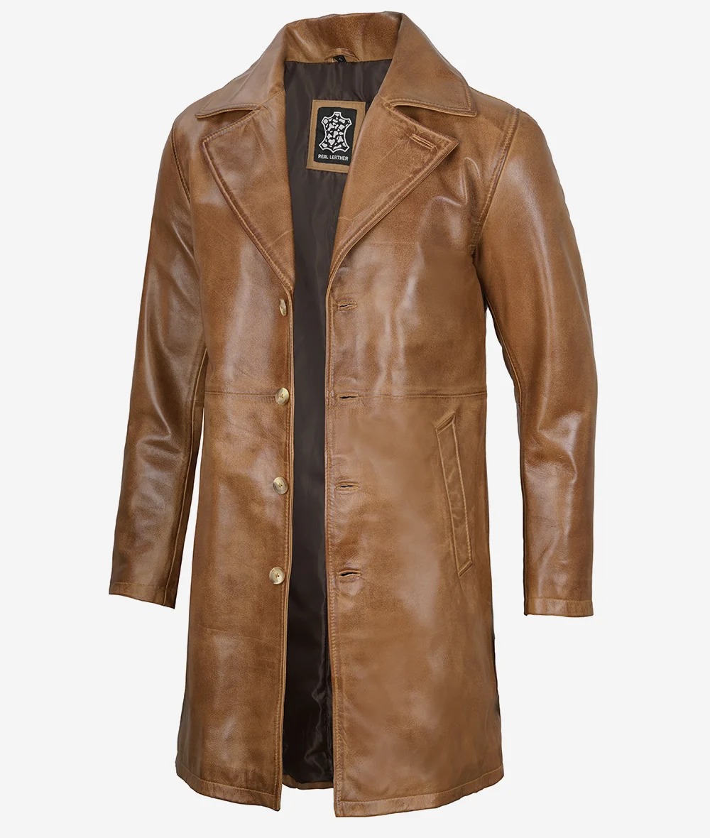 Mens Real Leather 3/4 Length Camel Brown Coat - Image 3