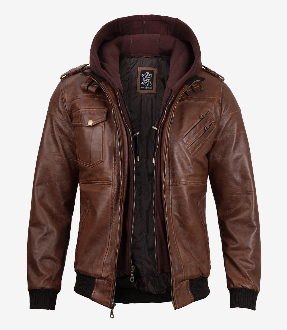 Mens Cognac Leather Bomber Jacket With Removable Hood - Image 3
