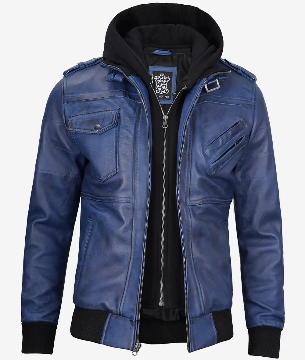 Men's Blue Wax Leather Bomber Jacket With Removable Hood - Image 5