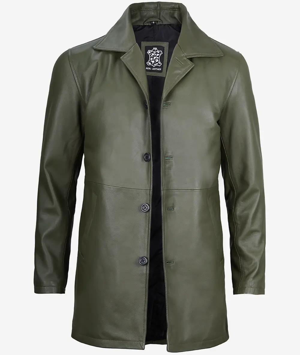 Men's Olive Green 3/4 Length Leather Car Coat - Image 3