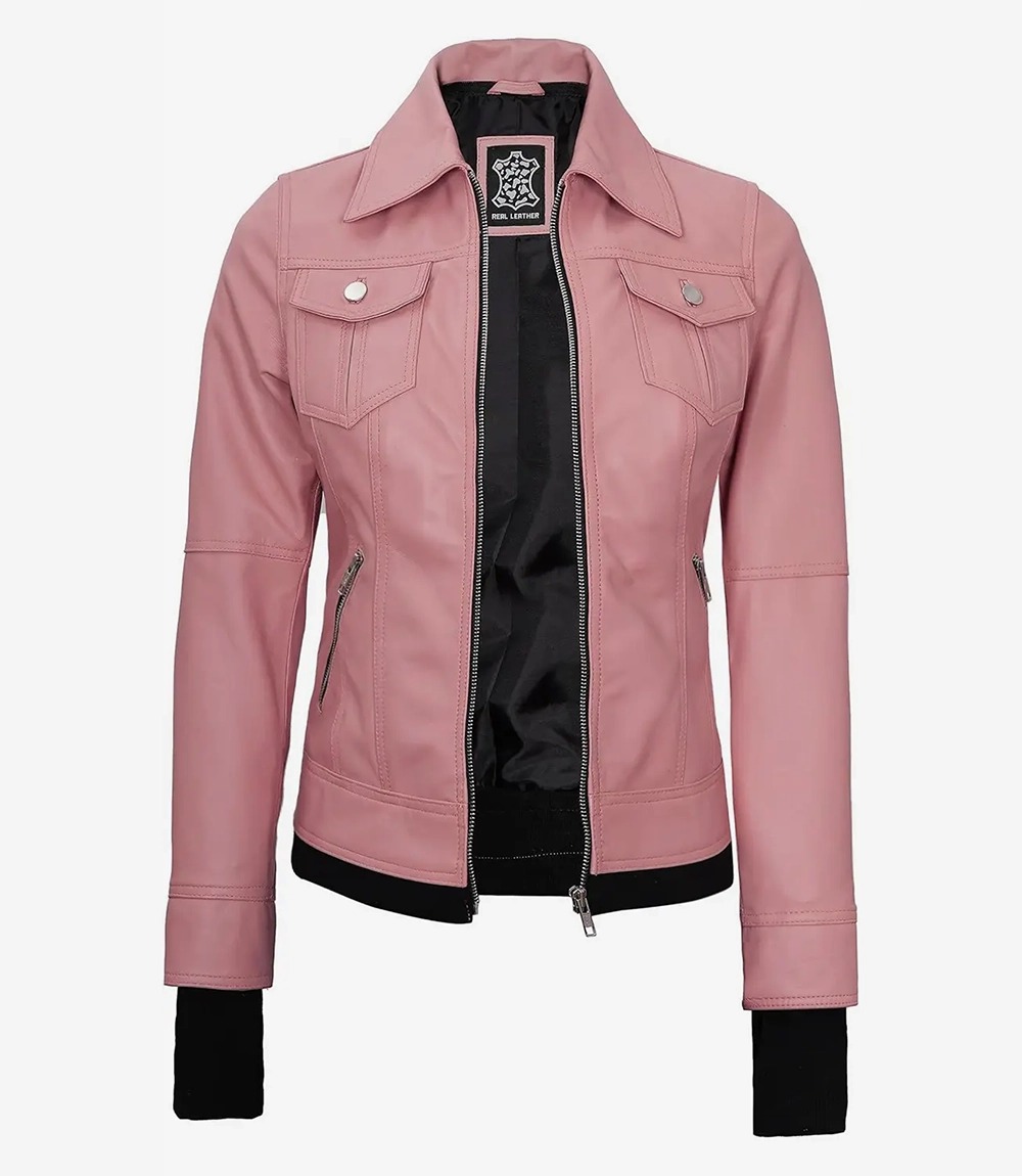 Womens Pink Bomber Leather Jacket with Removable Hood - Image 4