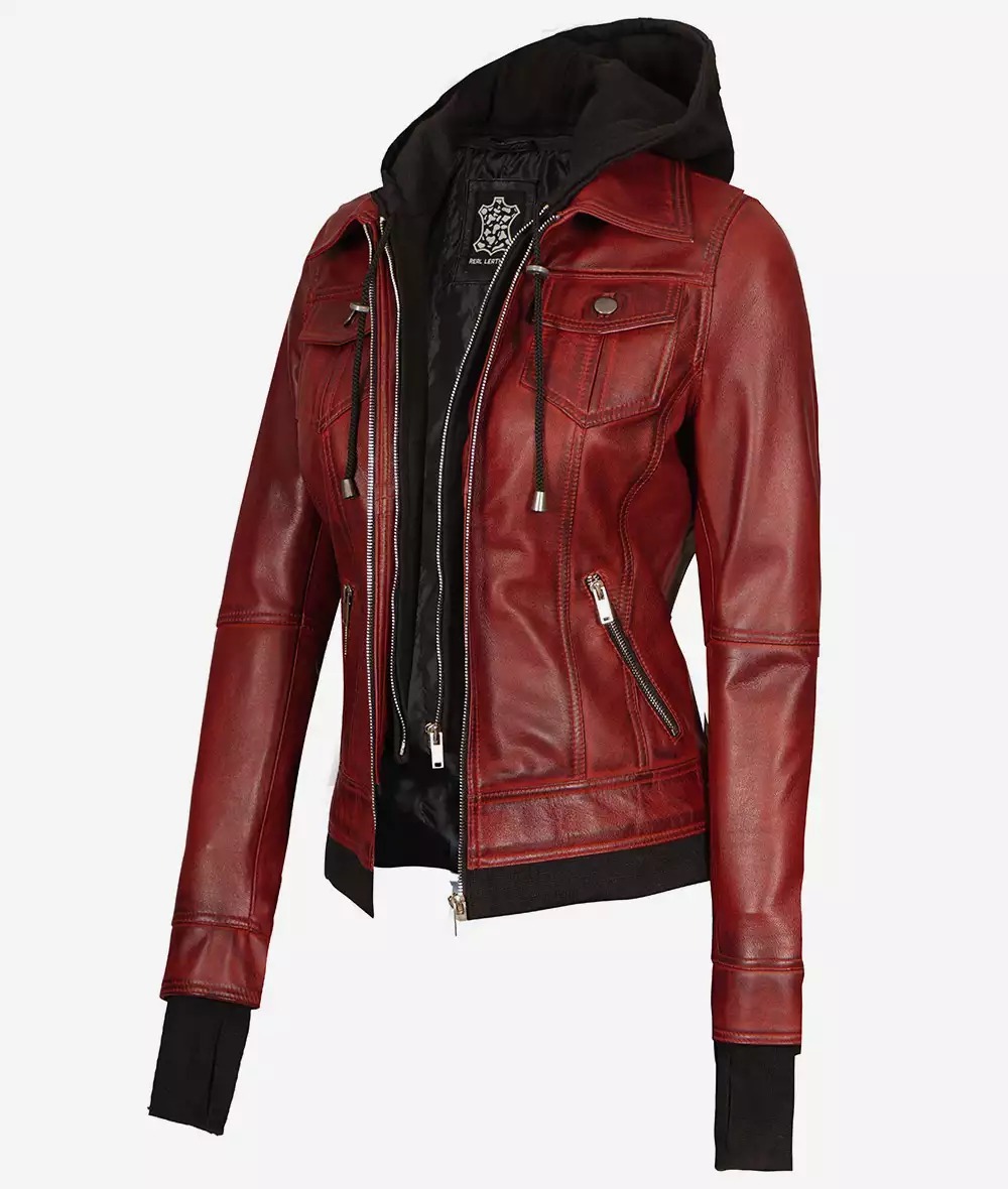 Womens Maroon Bomber Leather Jacket With Removable Hood - Image 3