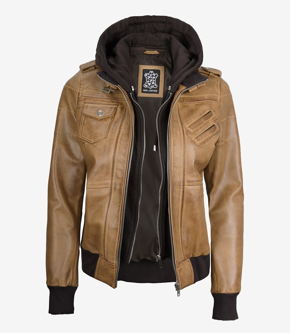 Womens Camel Brown Hooded Bomber Leather Jacket - Image 3