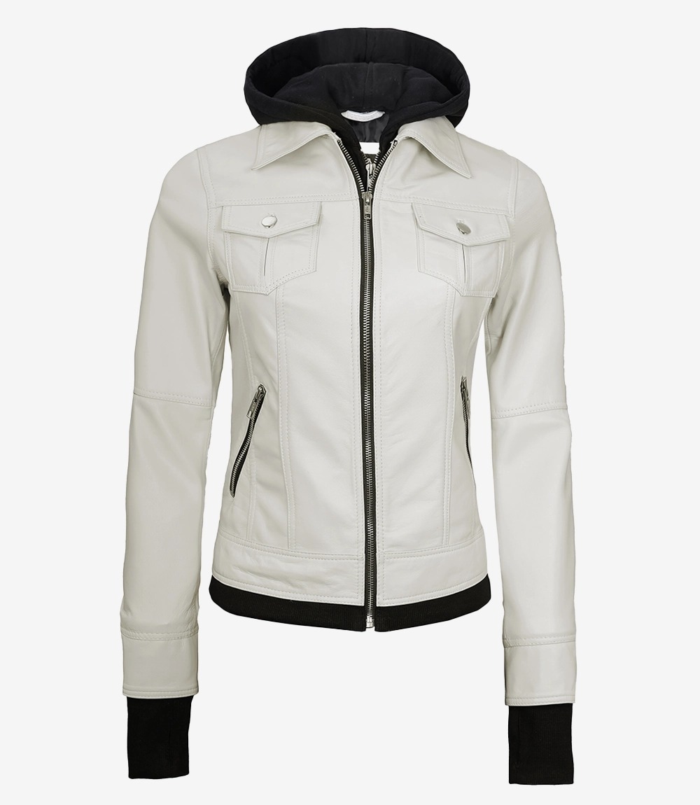 Womens Off White Bomber Leather Jacket with Removable Hood - Image 4
