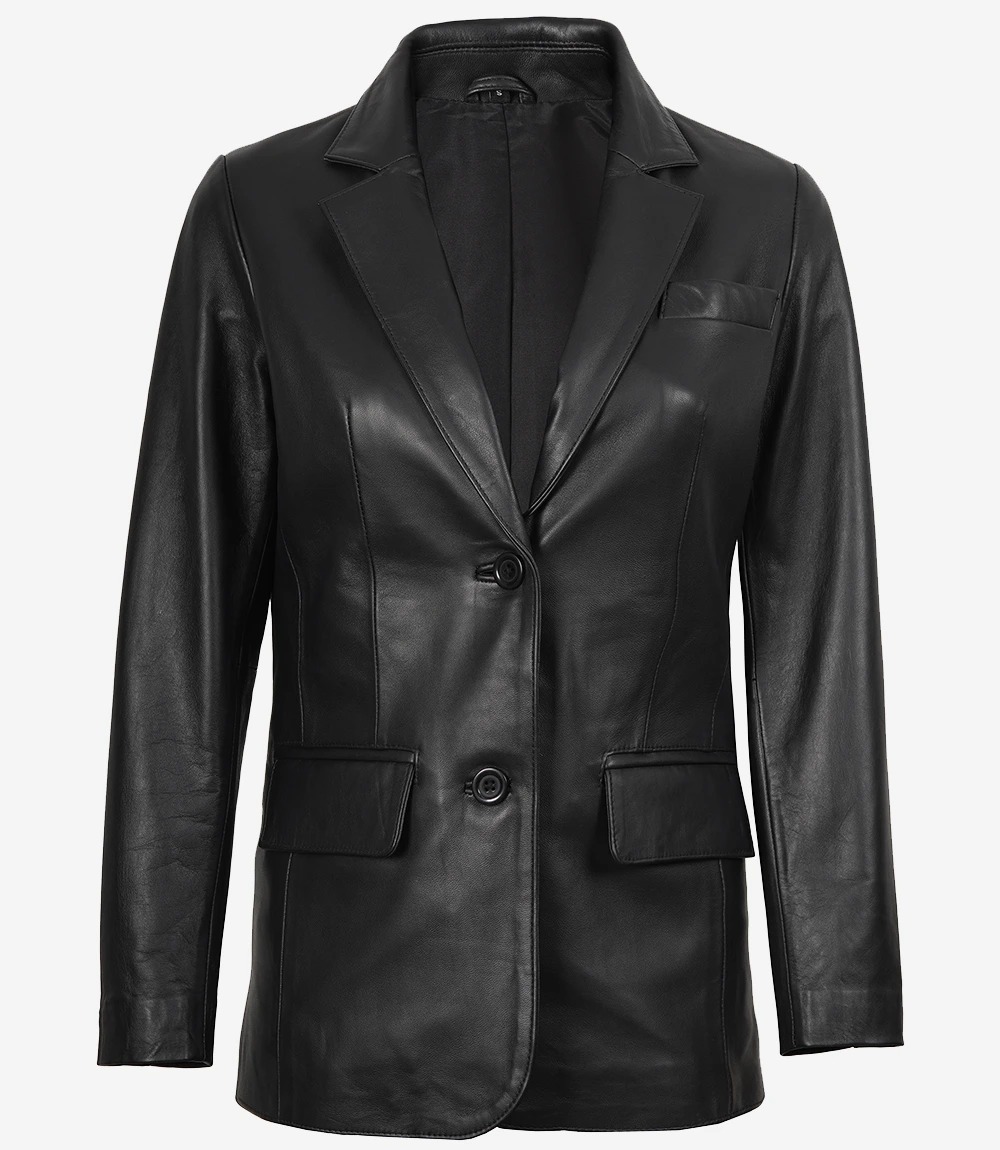 Womens Two Button Notch Lapel Black Leather Blazer Jacket - Image 4