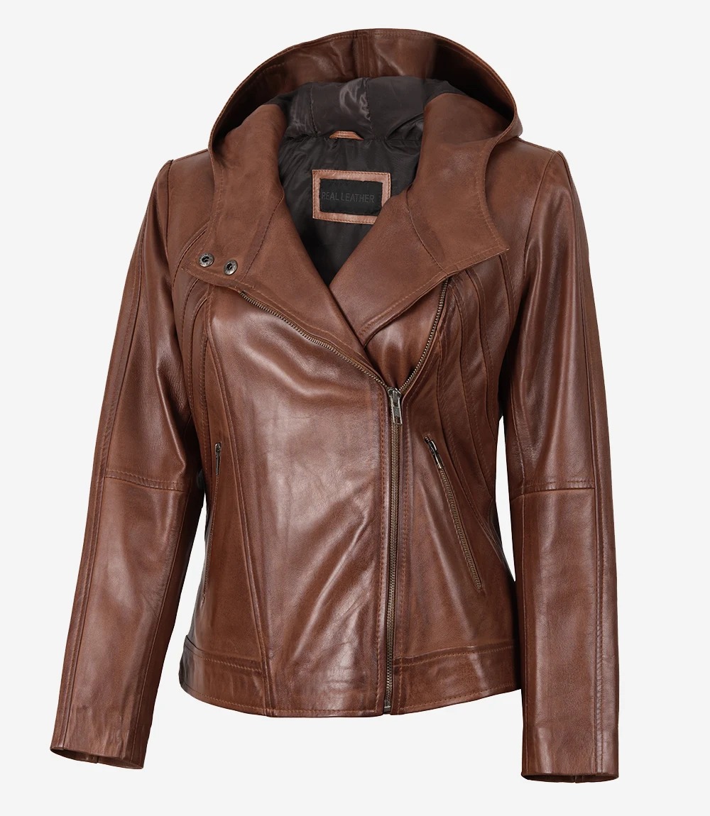 Womens Asymmetrical Brown Moto Leather Jacket with Hood - Image 3