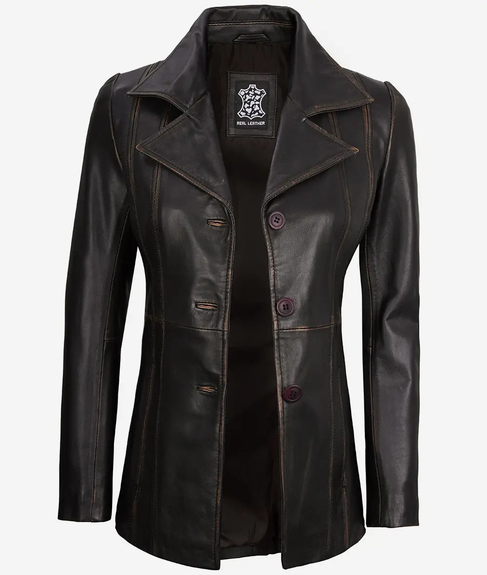 Women's Three Button Distressed Brown Leather Blazer - Image 3