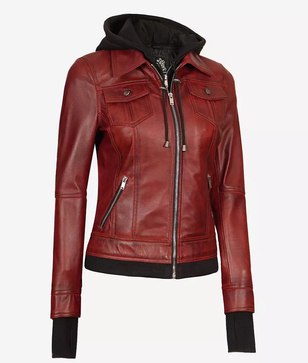 Womens Maroon Bomber Leather Jacket With Removable Hood - Image 4