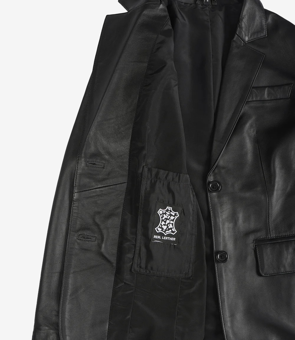 Womens Two Button Notch Lapel Black Leather Blazer Jacket - Image 5