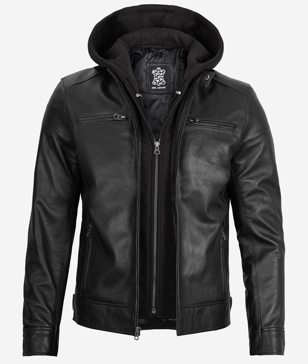 Men's Black Leather Jacket with Removable Hood - Image 4
