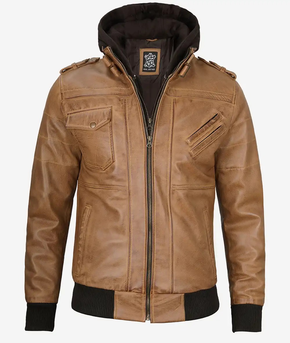 Men's Camel Brown Bomber Leather Jacket (Removable Hood) - Image 6