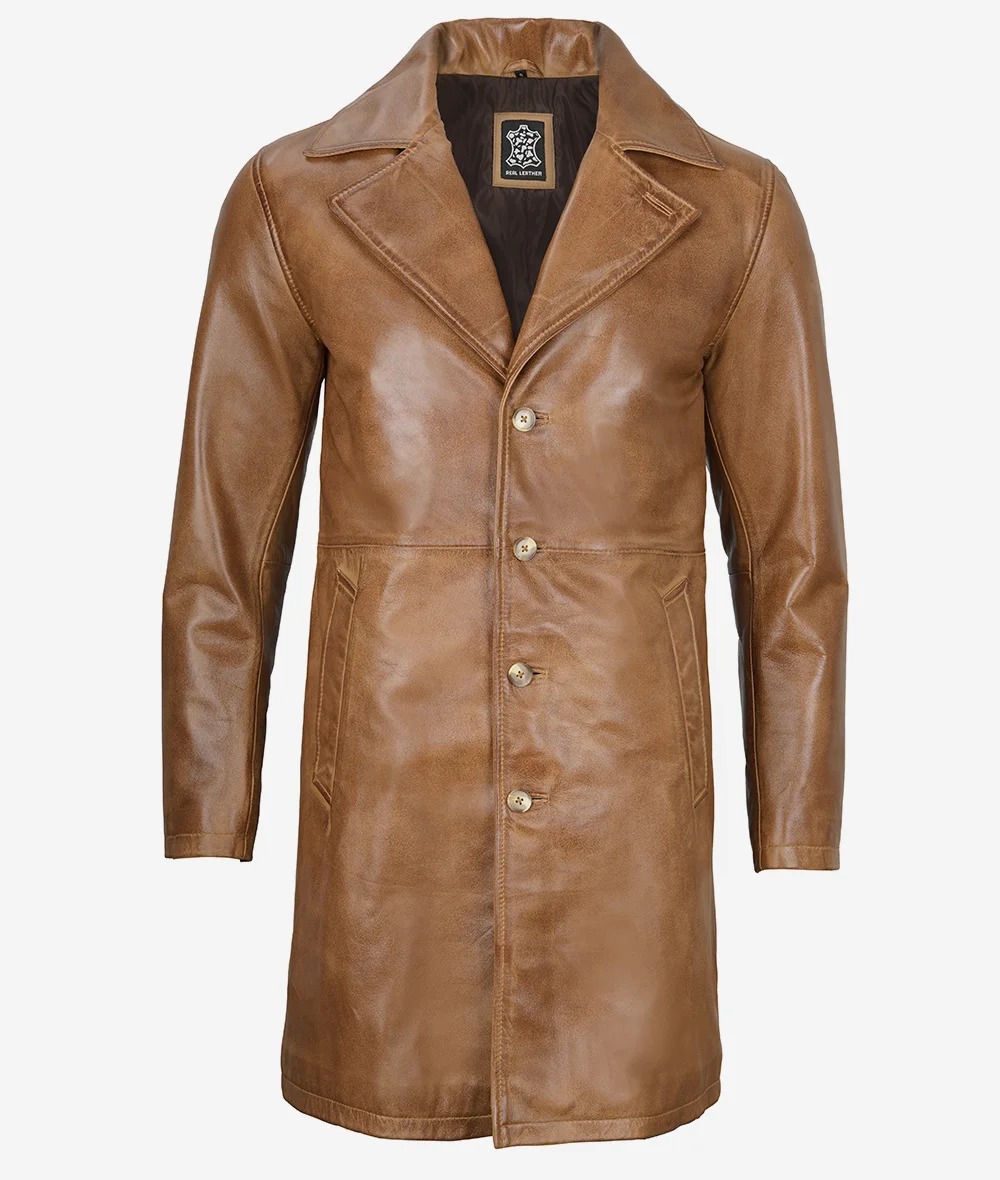 Mens Real Leather 3/4 Length Camel Brown Coat - Image 4