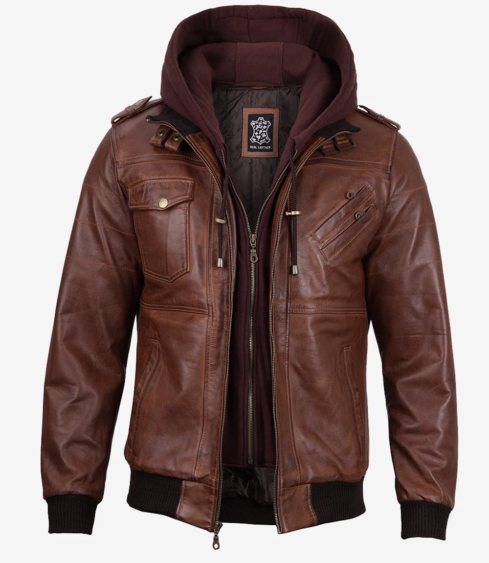 Mens Cognac Leather Bomber Jacket With Removable Hood - Image 4