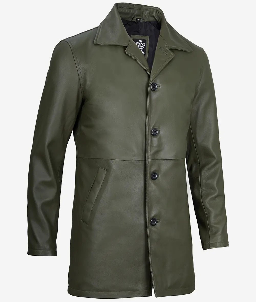 Men's Olive Green 3/4 Length Leather Car Coat - Image 4