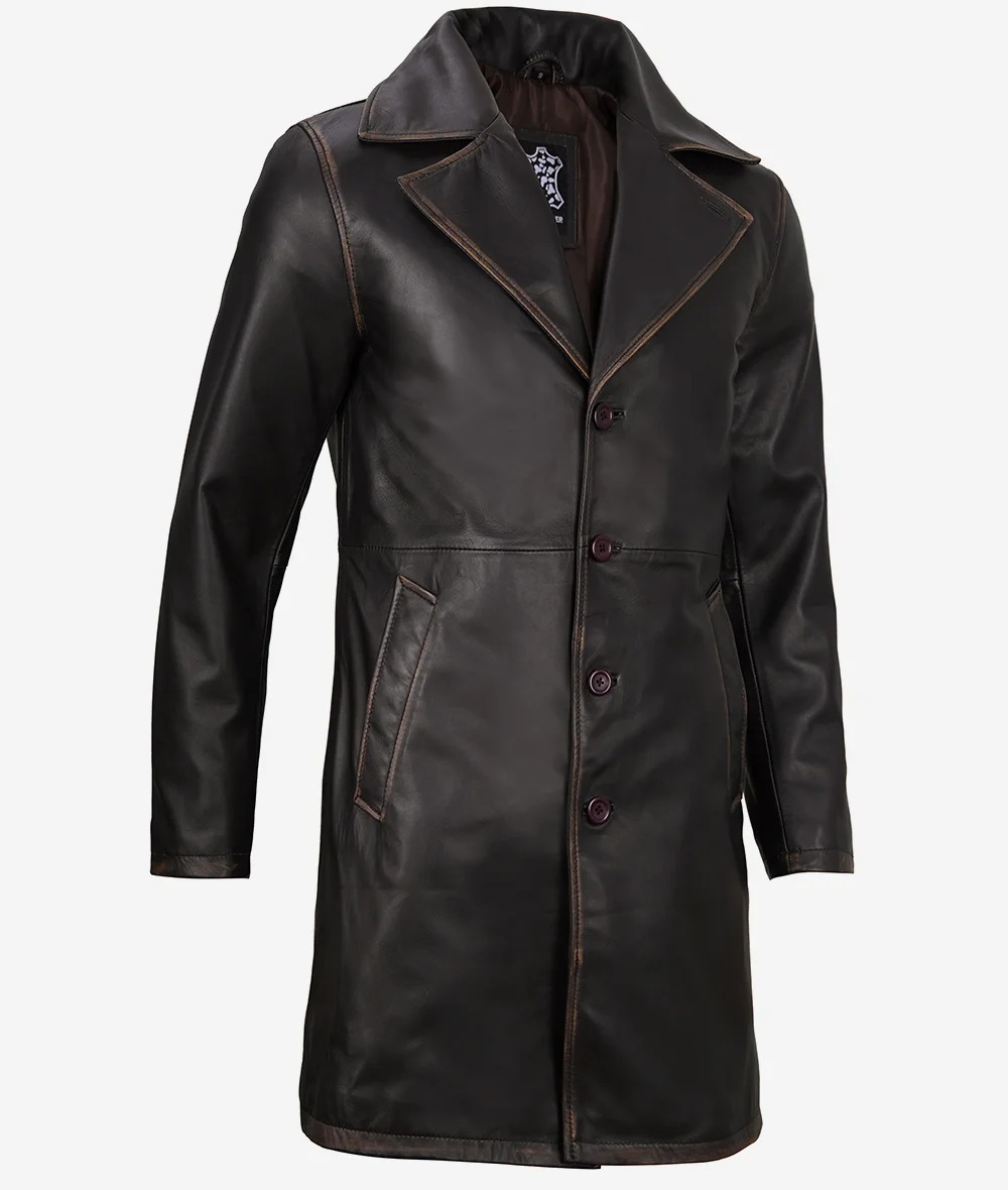 Mens Real Leather Distressed Brown Car Coat - Image 5
