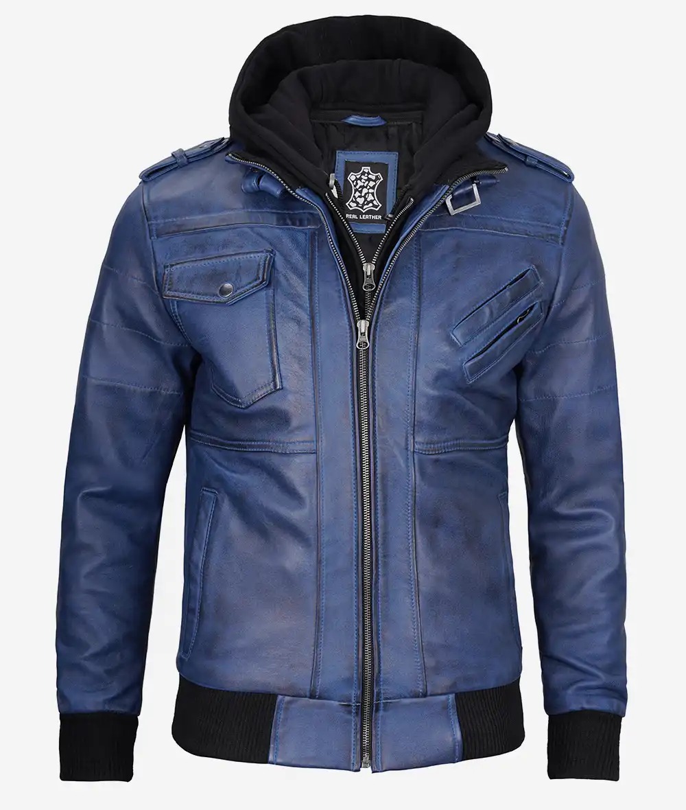 Men's Blue Wax Leather Bomber Jacket With Removable Hood - Image 6
