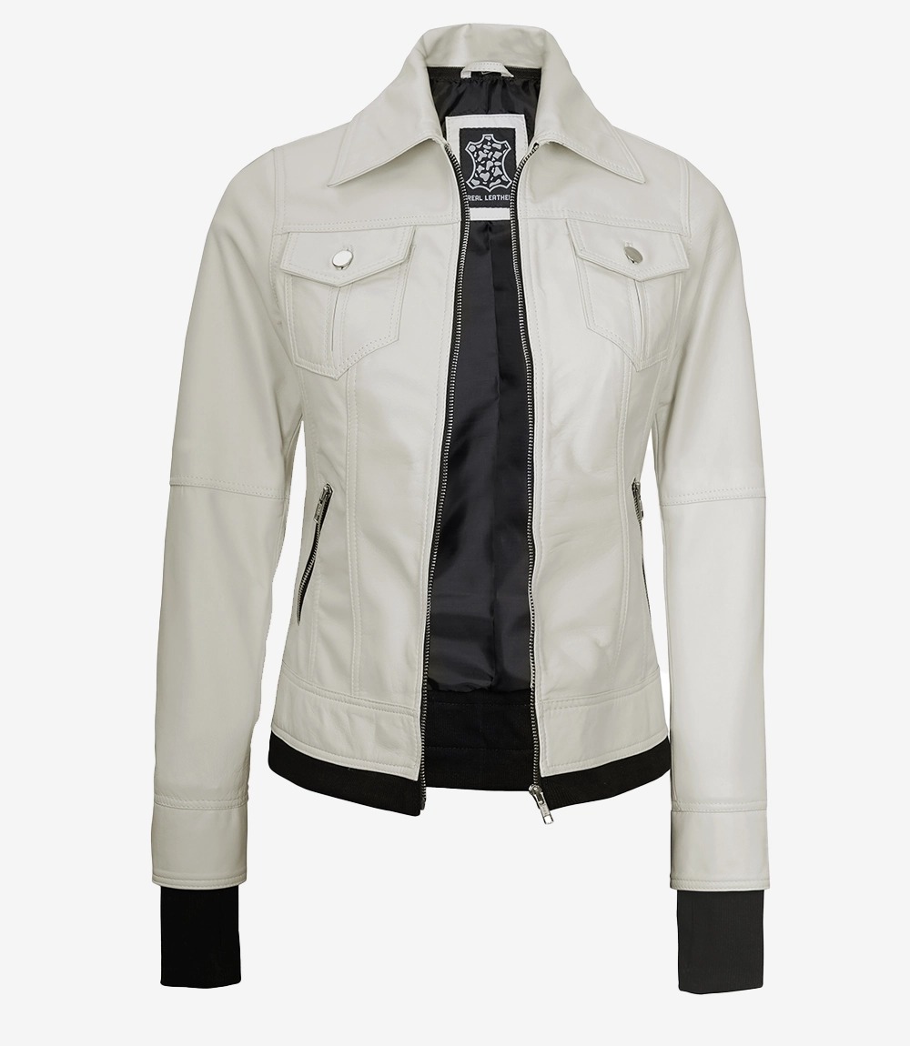 Womens Off White Bomber Leather Jacket with Removable Hood - Image 5