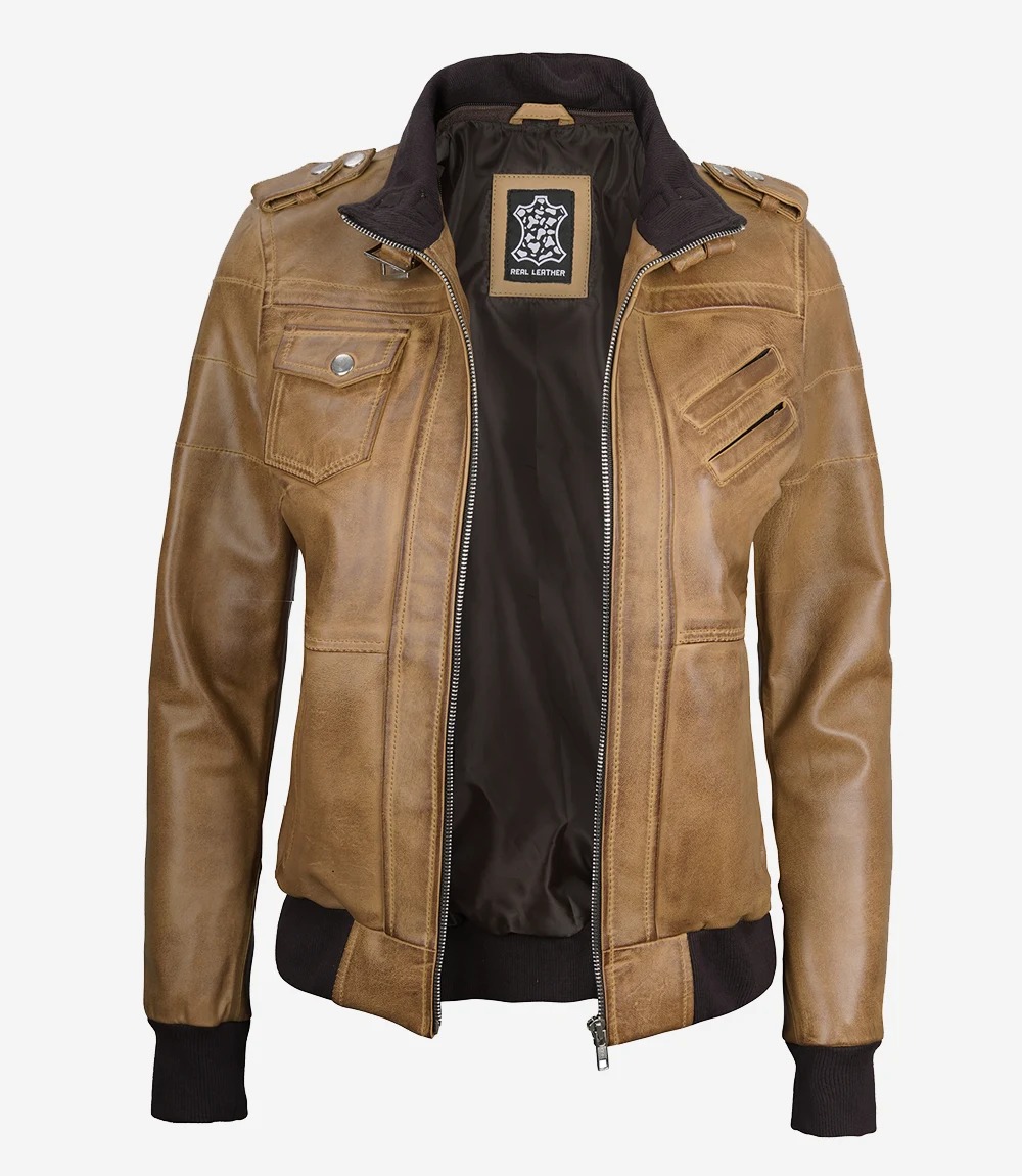 Womens Camel Brown Hooded Bomber Leather Jacket - Image 4
