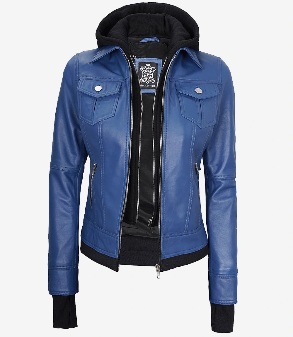 Womens Blue Bomber Leather Jacket With Hood - Image 3
