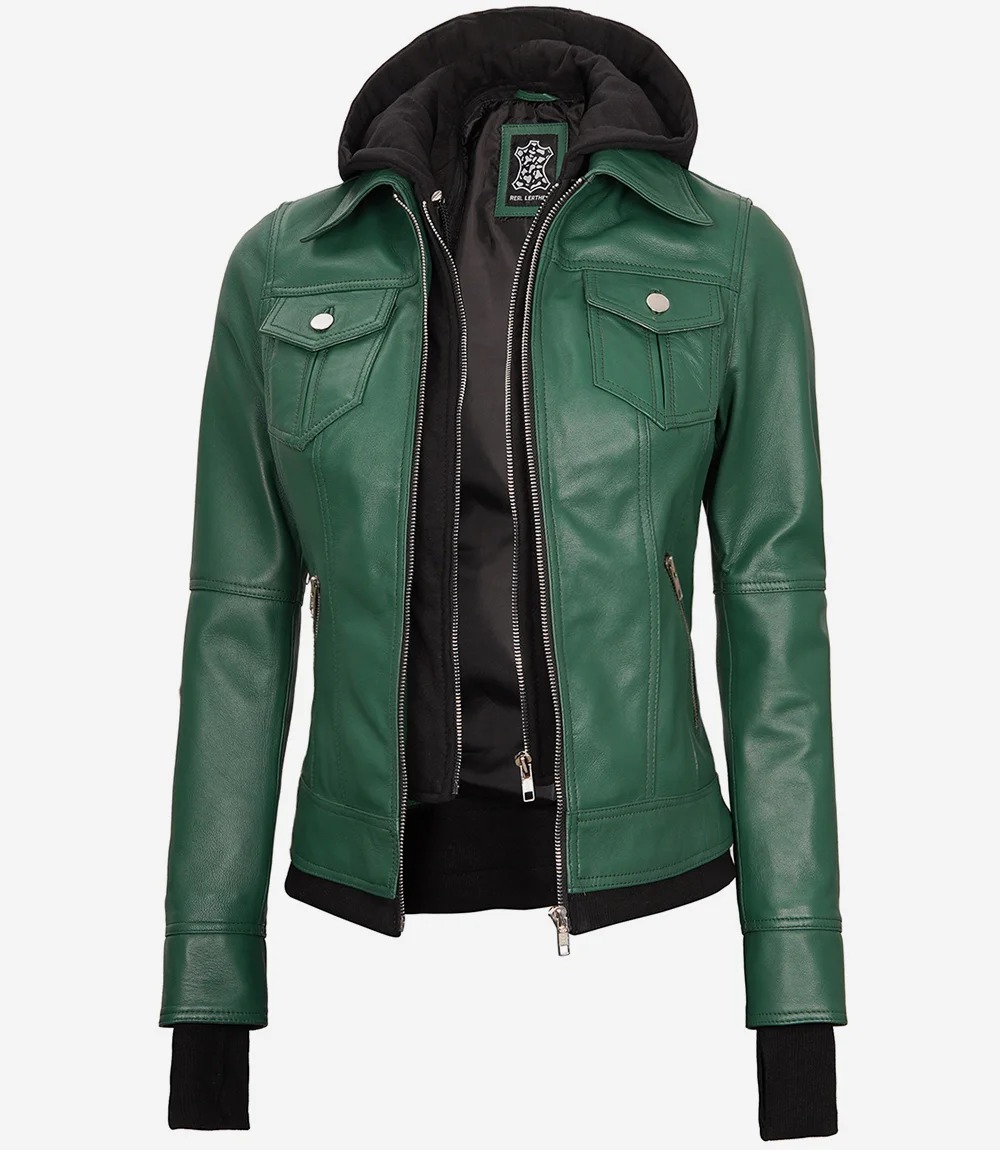 Womens Green Bomber Leather Jacket with Removable Hood - Image 3