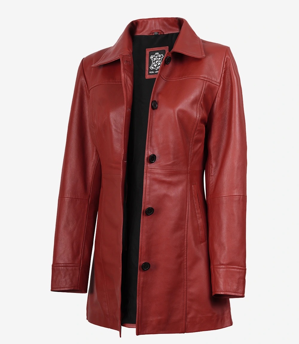 Womens Real Lambskin Leather Red Car Coat - Image 3