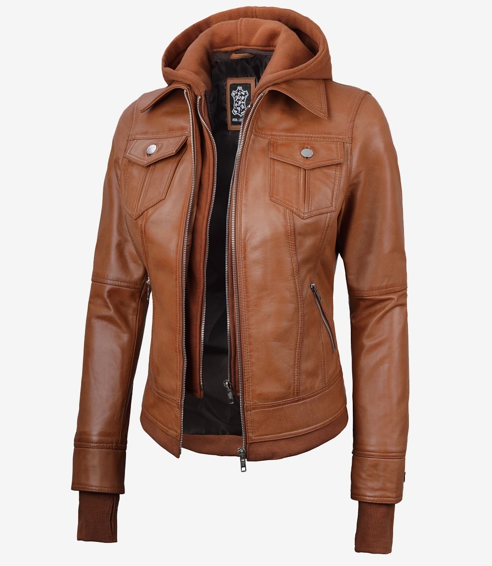 Tralee Women's Tan Waxed Bomber Leather Jacket With Detachable Hood - Image 3