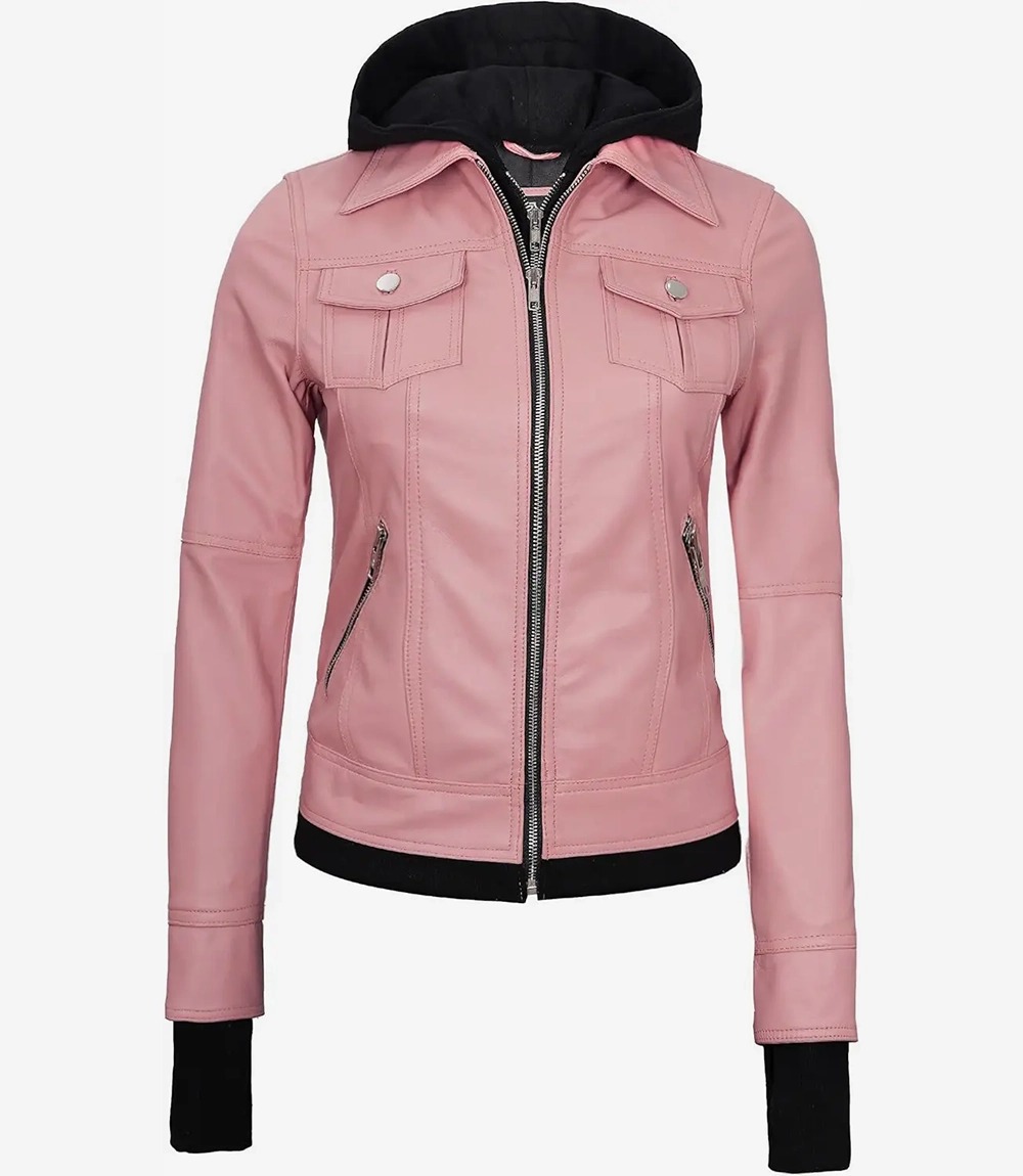 Womens Pink Bomber Leather Jacket with Removable Hood - Image 5