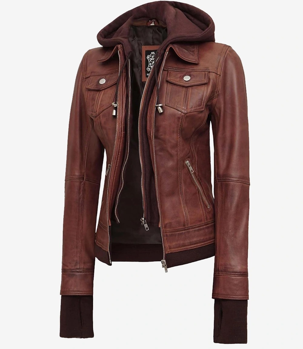 Tralee Women's Cognac Wax Bomber Leather Jacket With Removable Hood - Image 3