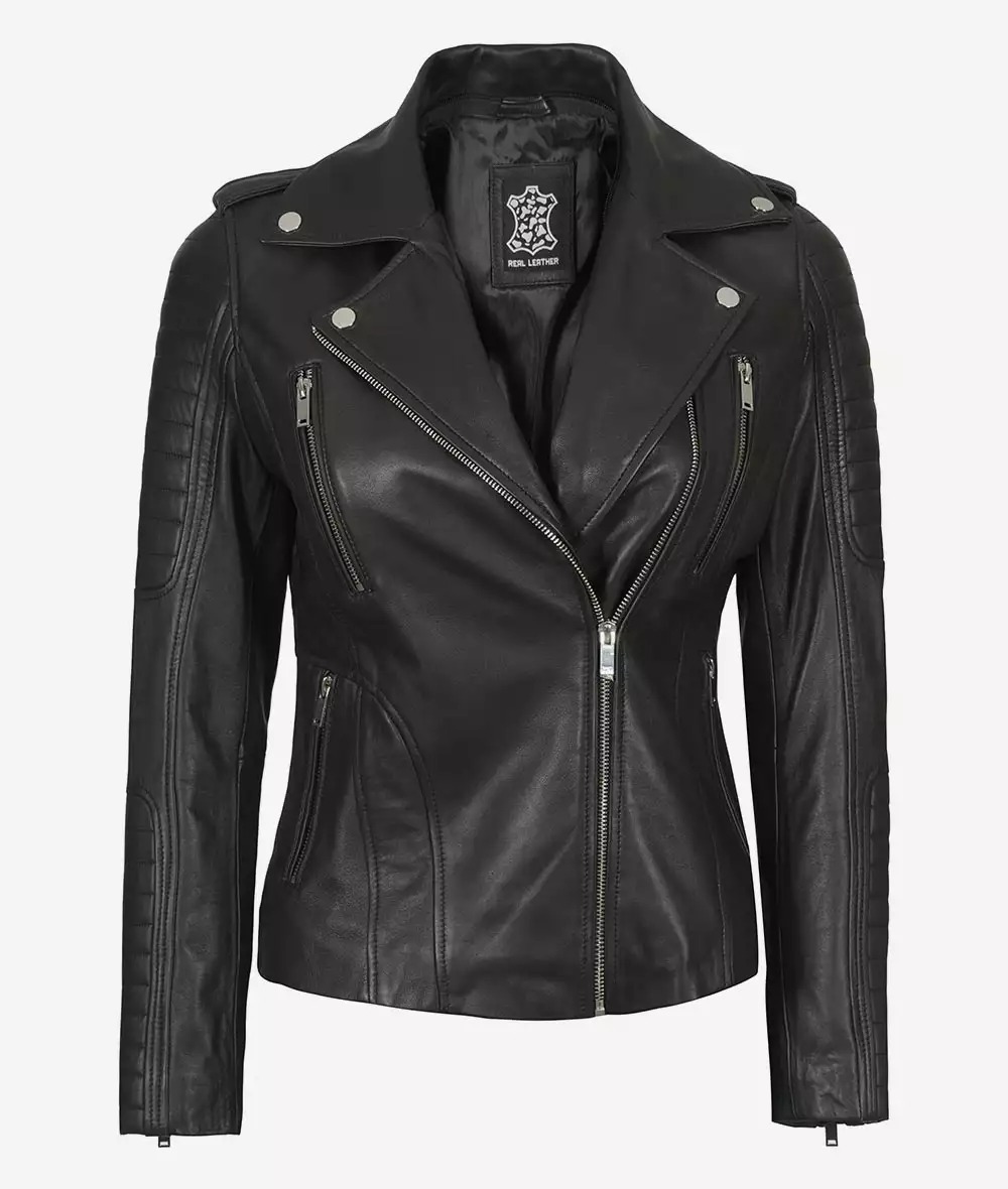 Womens Moto Black Leather Jacket with Hood - Image 3