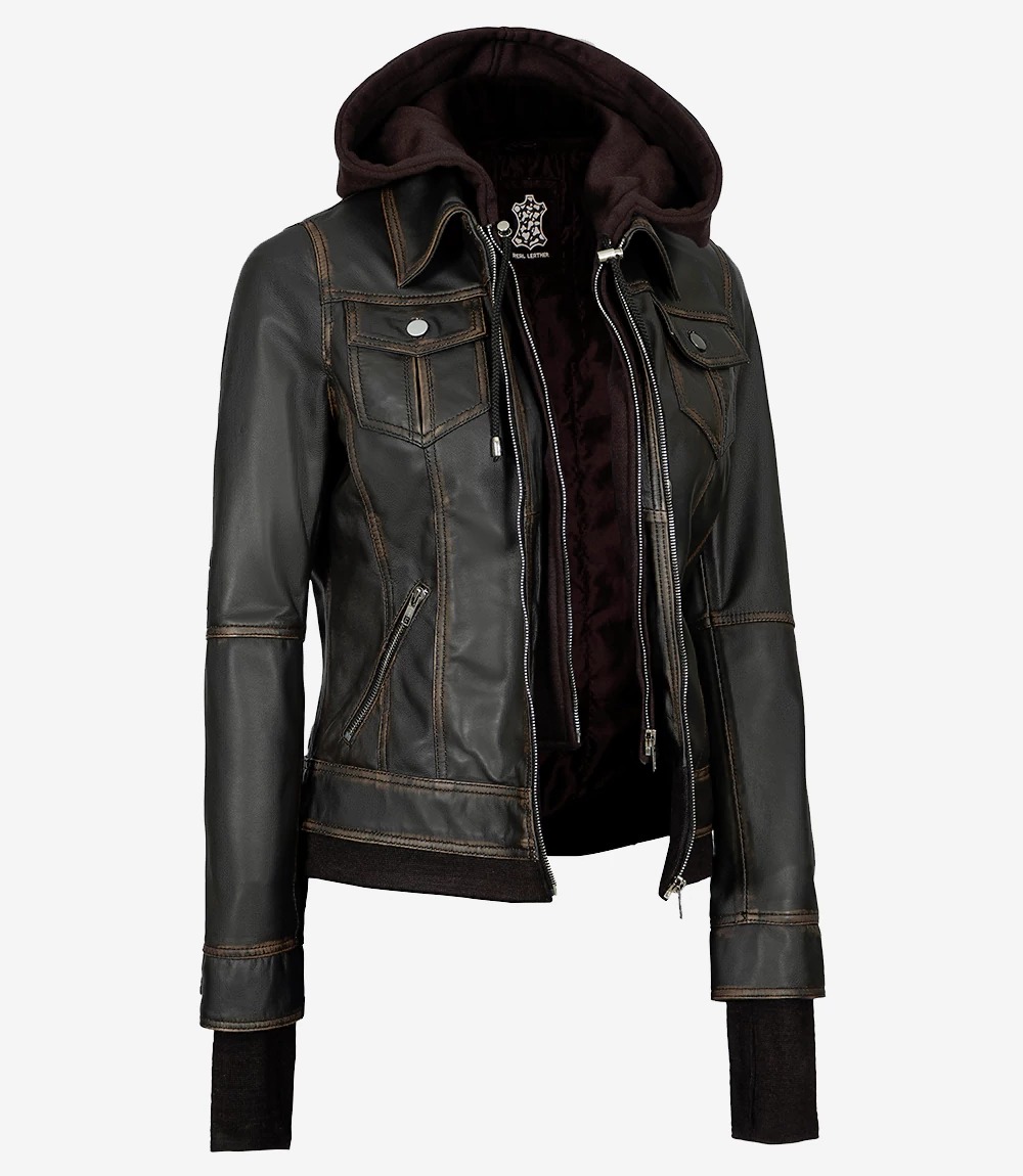Women's Distressed Brown Bomber Leather Jacket with Removable Hood - Image 3