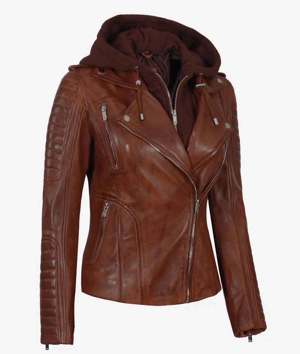 Women's Cognac Motorcycle Leather Jacket with Removable Hood - Image 3