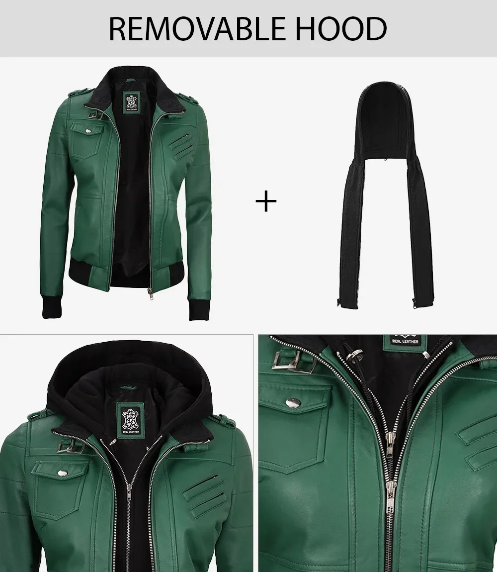 Womens Green Hooded Bomber Leather Jacket - Image 3