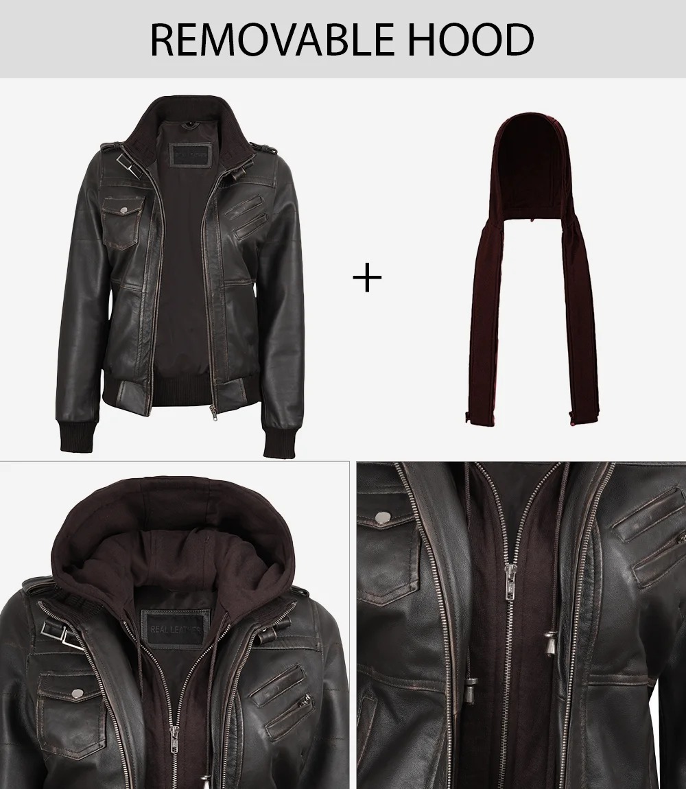 Womens Distressed Brown Hooded Bomber Leather Jacket - Image 3