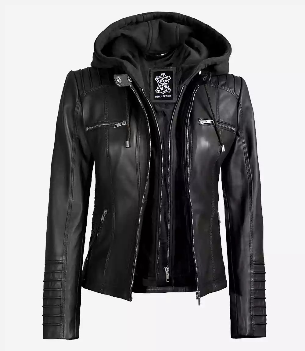 Women's Black Leather Jacket with Removable Hood - Image 3