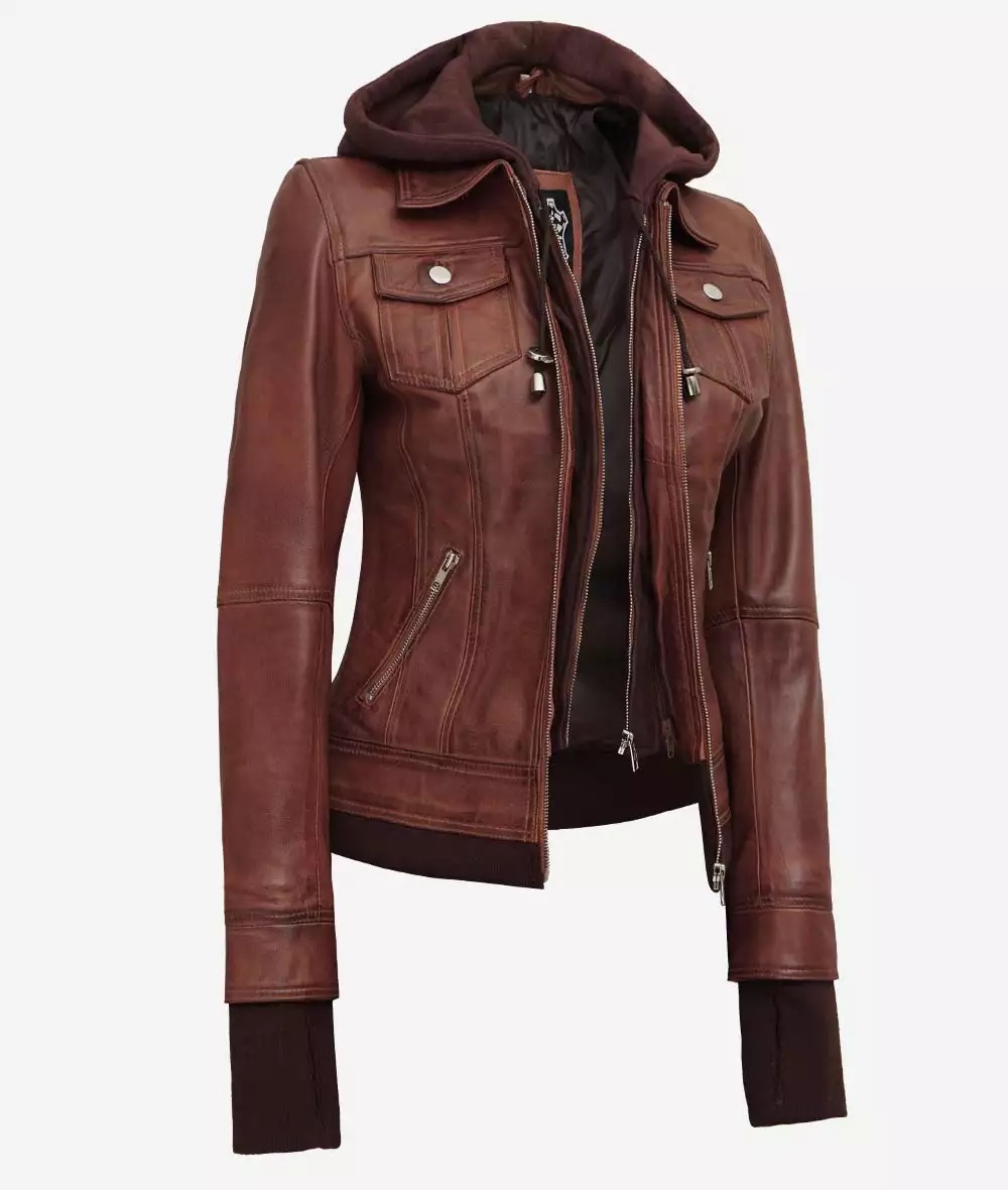 Tralee Women's Cognac Wax Bomber Leather Jacket With Removable Hood - Image 4