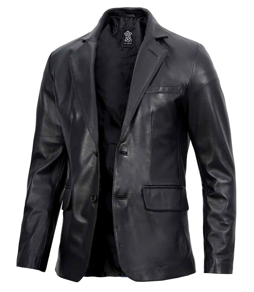 Mens Two Button Notch Lapel Black Leather Blazer - Image 3