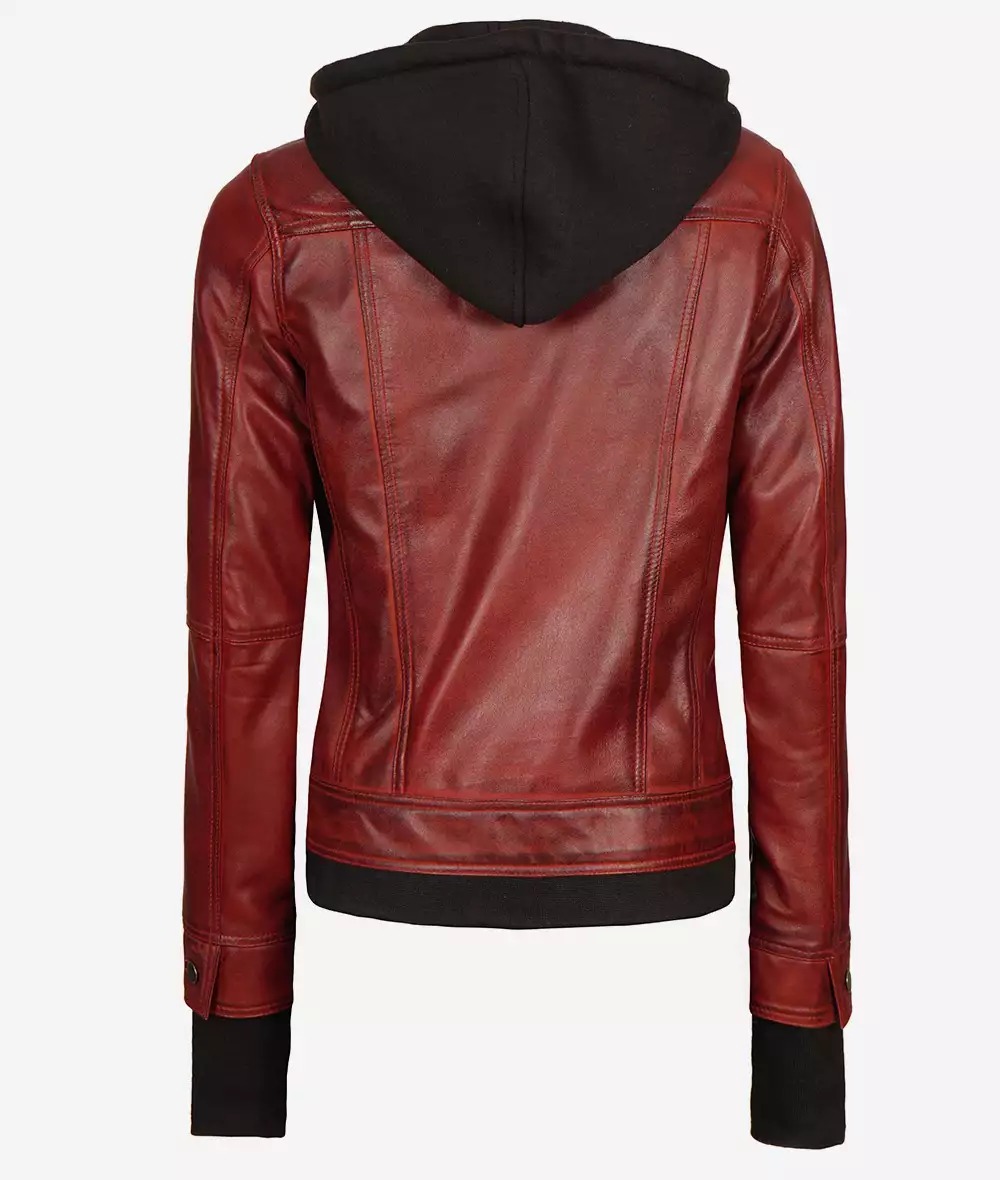 Womens Maroon Bomber Leather Jacket With Removable Hood - Image 5