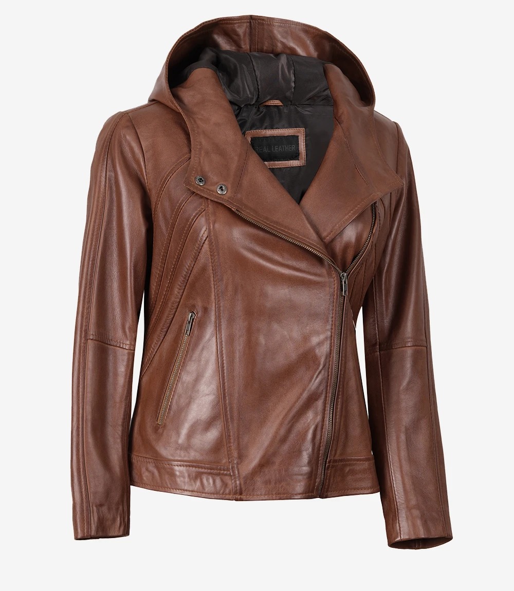 Womens Asymmetrical Brown Moto Leather Jacket with Hood - Image 4