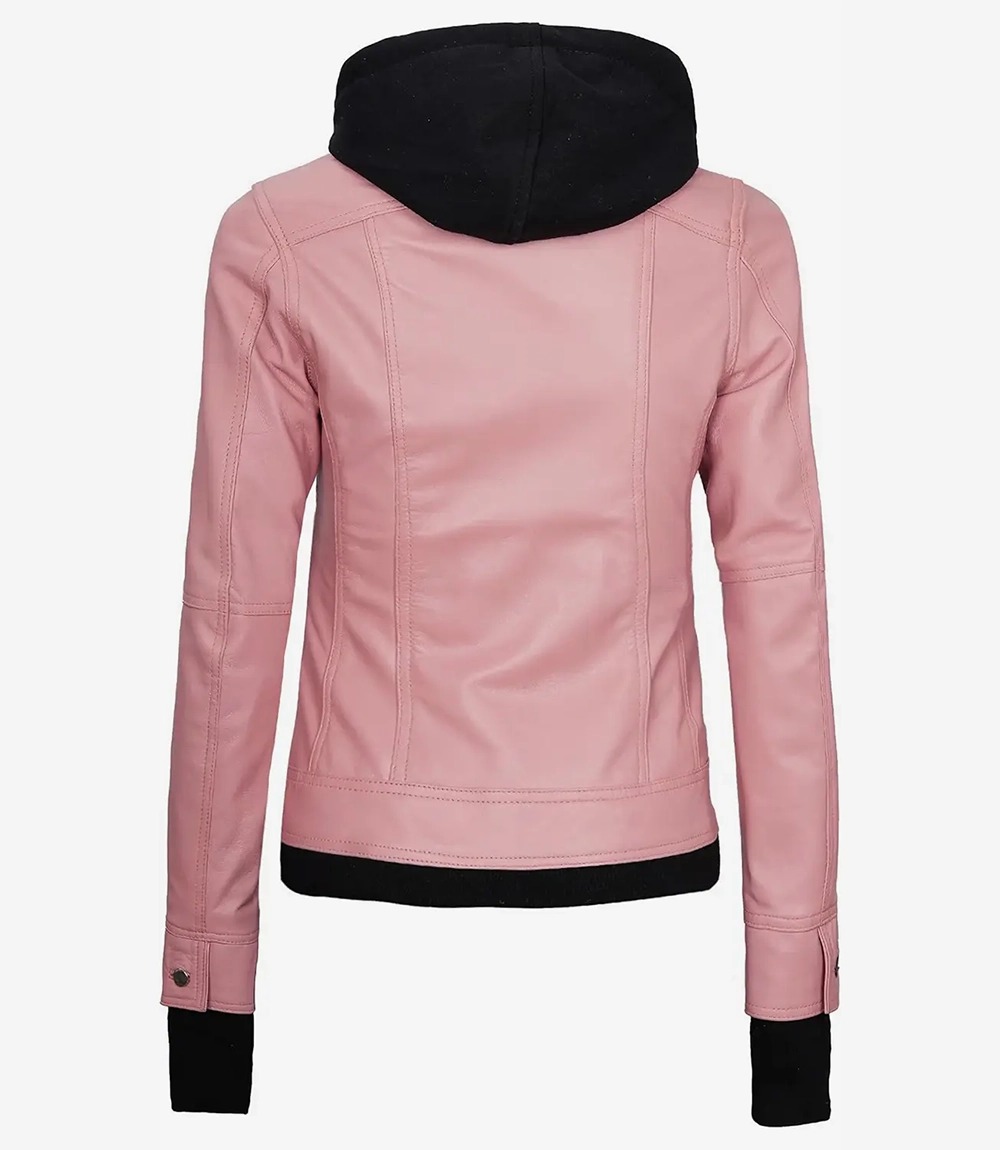 Womens Pink Bomber Leather Jacket with Removable Hood - Image 6