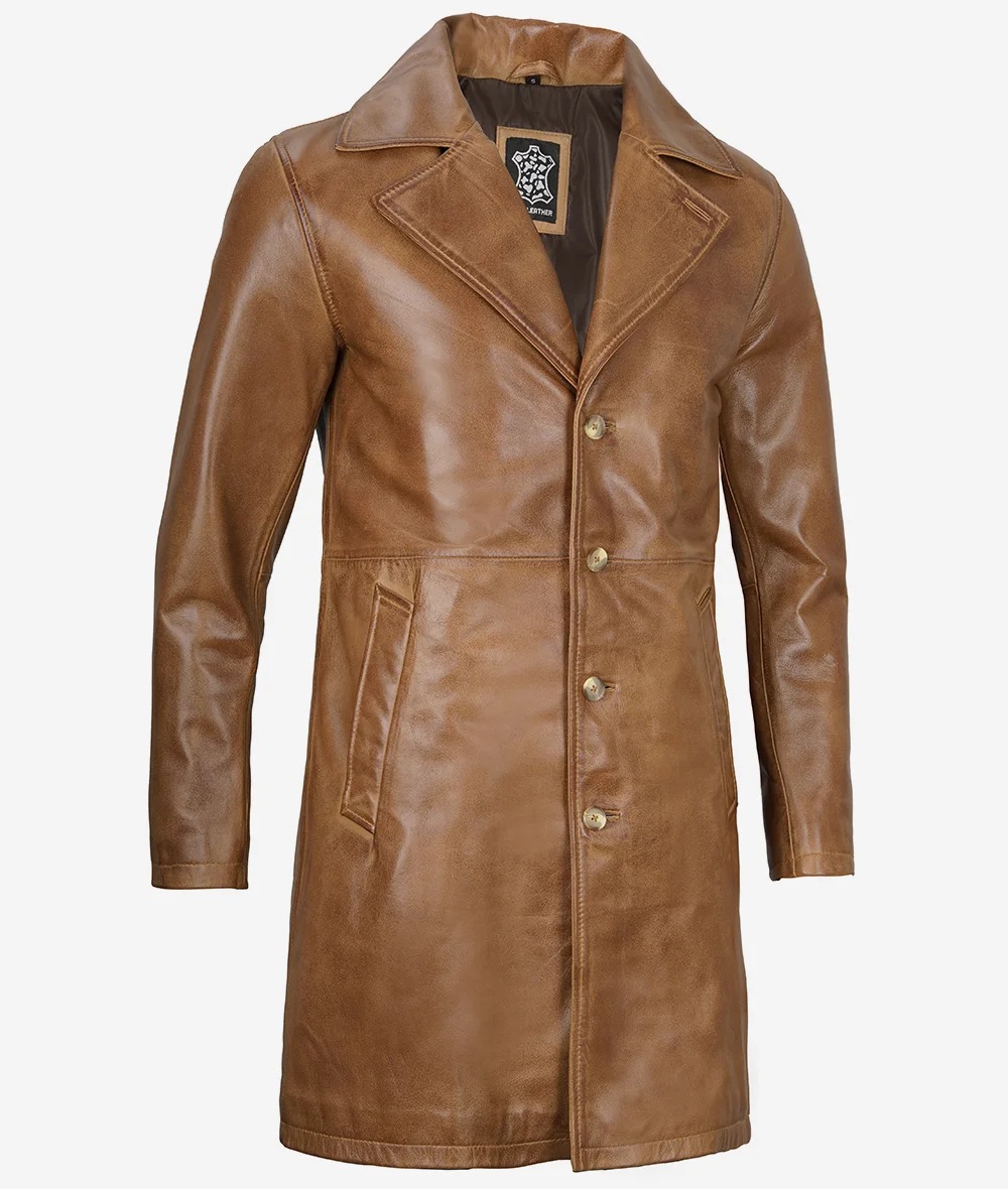 Mens Real Leather 3/4 Length Camel Brown Coat - Image 5