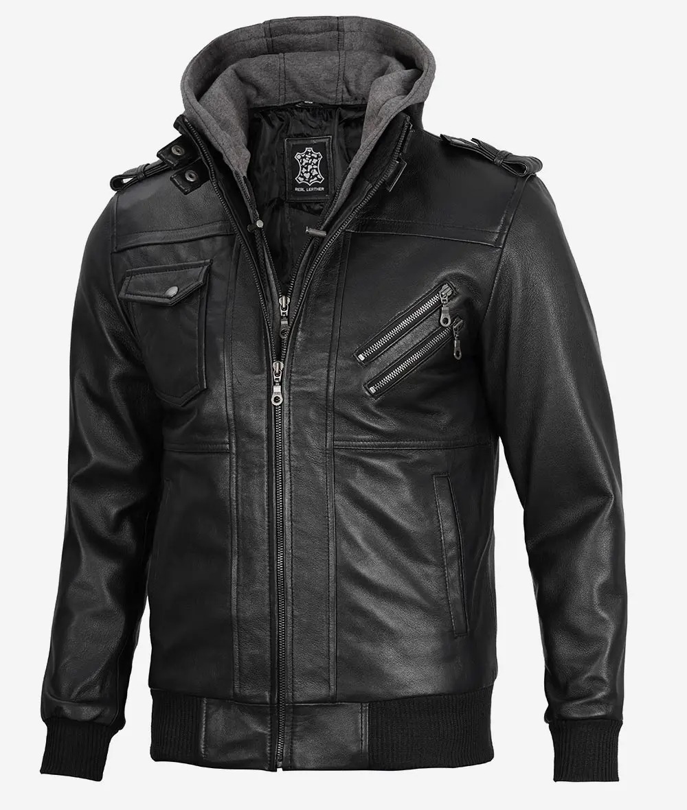 Men's Black Leather Jacket with Grey Removable Hood - Image 5
