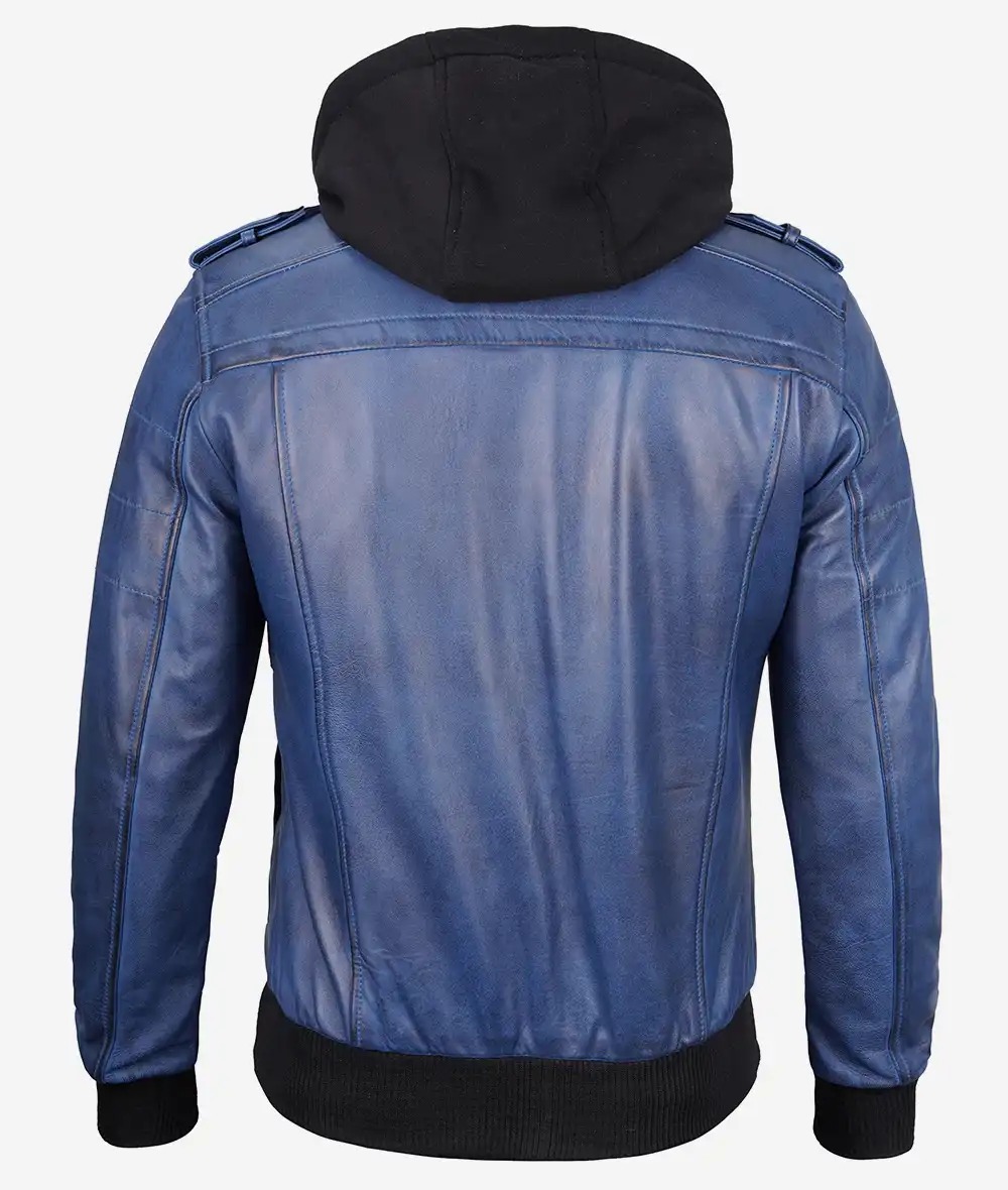Men's Blue Wax Leather Bomber Jacket With Removable Hood - Image 7