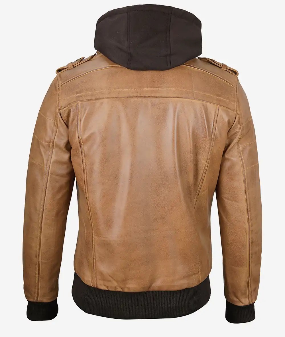 Men's Camel Brown Bomber Leather Jacket (Removable Hood) - Image 7