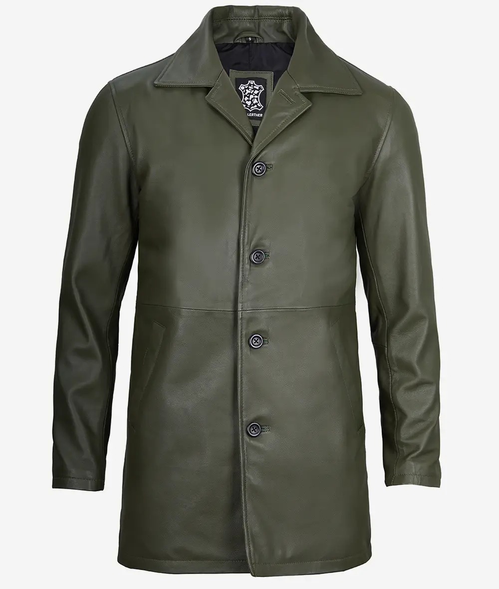 Men's Olive Green 3/4 Length Leather Car Coat - Image 5