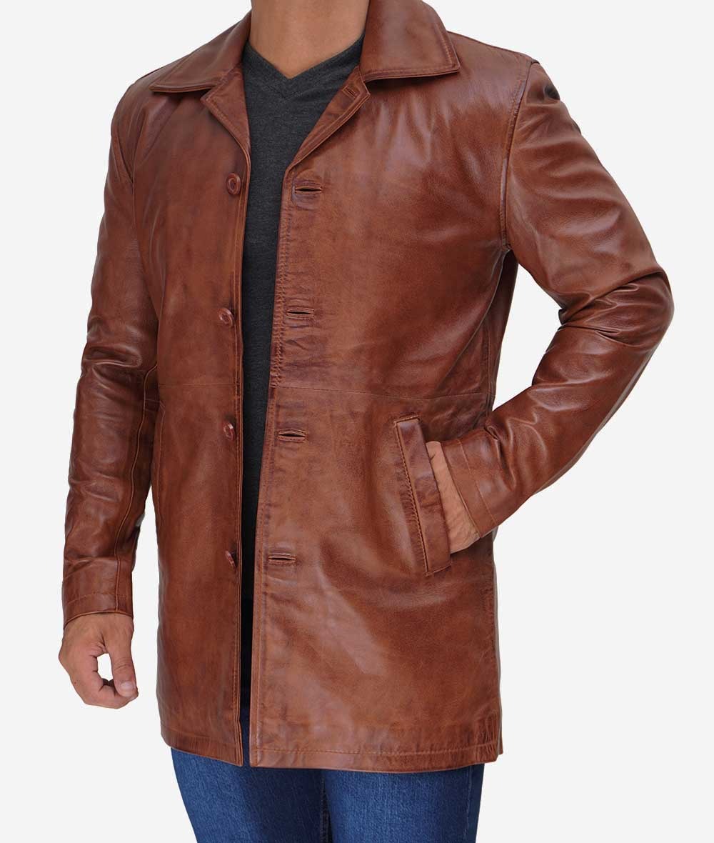 Men's Real Leather Button Down Cognac Car Coat - Image 3