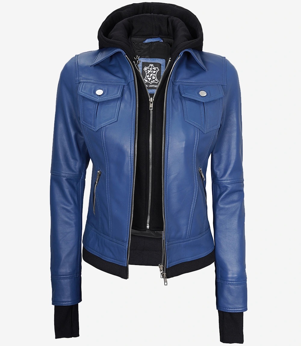 Womens Blue Bomber Leather Jacket With Hood - Image 4